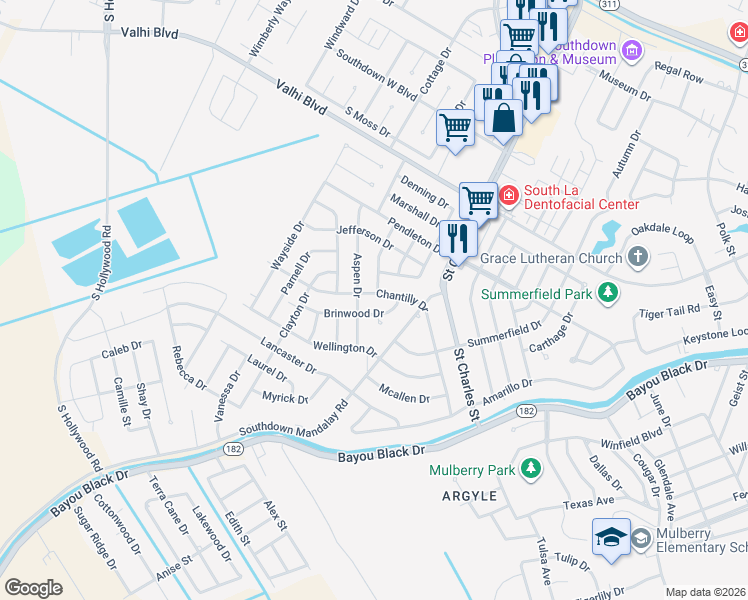 map of restaurants, bars, coffee shops, grocery stores, and more near 117 Chantilly Drive in Houma