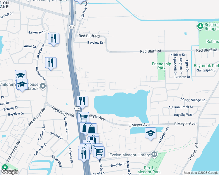 map of restaurants, bars, coffee shops, grocery stores, and more near 2129 Seabrook Circle in Seabrook