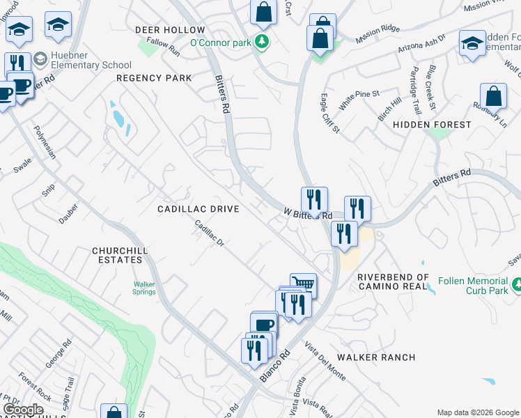 map of restaurants, bars, coffee shops, grocery stores, and more near 1414 West Bitters Road in San Antonio