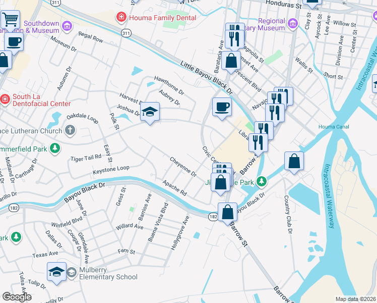 map of restaurants, bars, coffee shops, grocery stores, and more near 394 Sugar Mill Courtyard in Houma