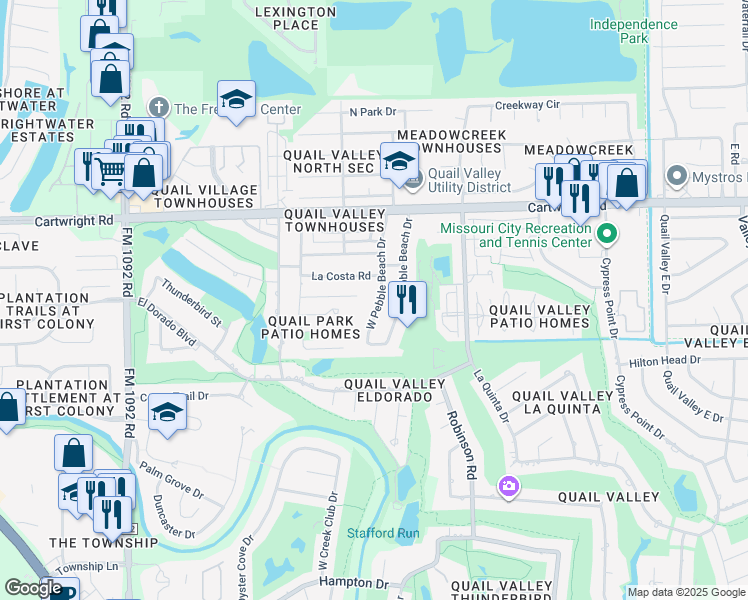 map of restaurants, bars, coffee shops, grocery stores, and more near 2711 West Pebble Beach Drive in Missouri City
