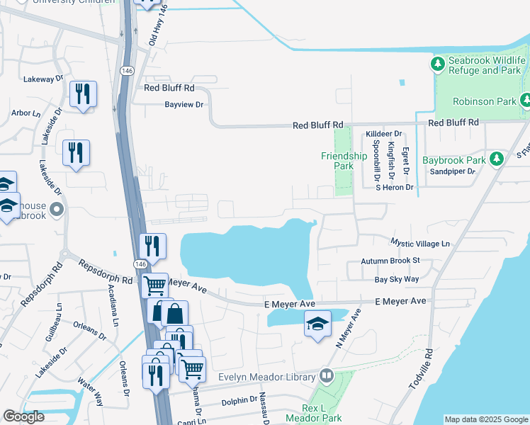 map of restaurants, bars, coffee shops, grocery stores, and more near 1422 Lake Mija Court in Seabrook