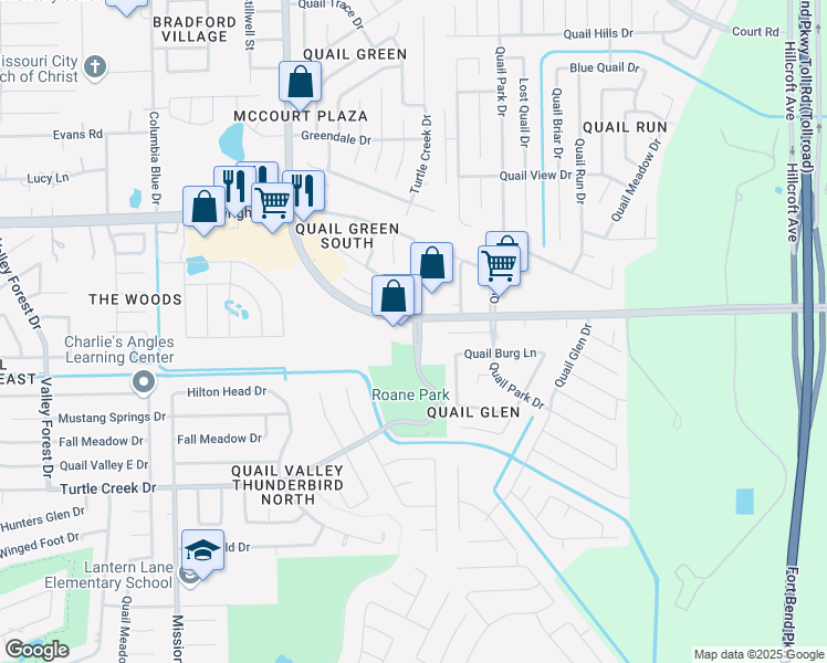 map of restaurants, bars, coffee shops, grocery stores, and more near 1301 Turtle Creek Drive in Missouri City