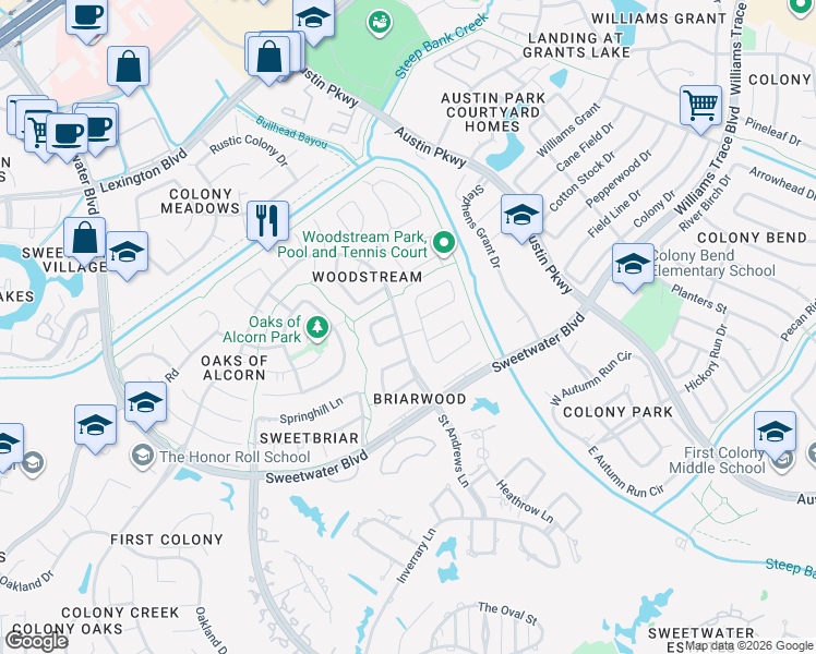 map of restaurants, bars, coffee shops, grocery stores, and more near 2439 Woodstream Boulevard in Sugar Land