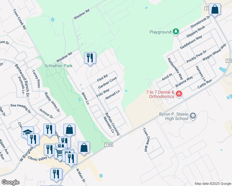 map of restaurants, bars, coffee shops, grocery stores, and more near 245 Nomad Lane in Cibolo