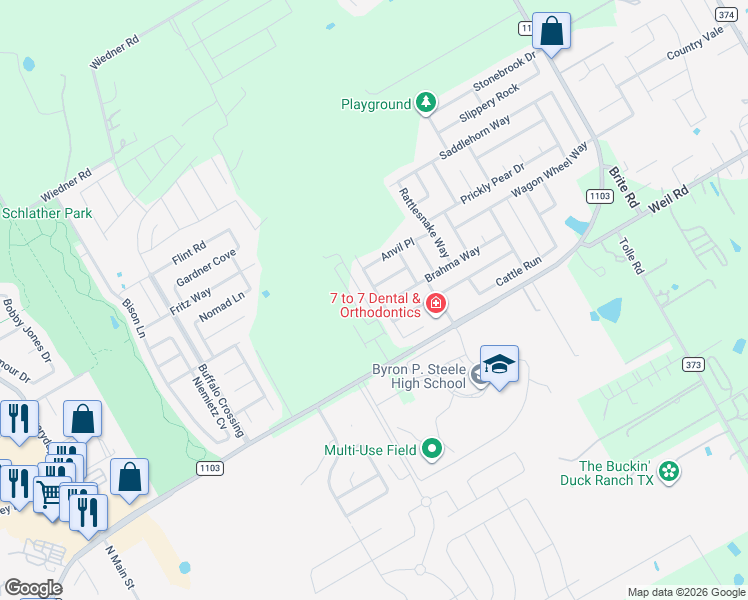 map of restaurants, bars, coffee shops, grocery stores, and more near 165 Corral Fence in Cibolo