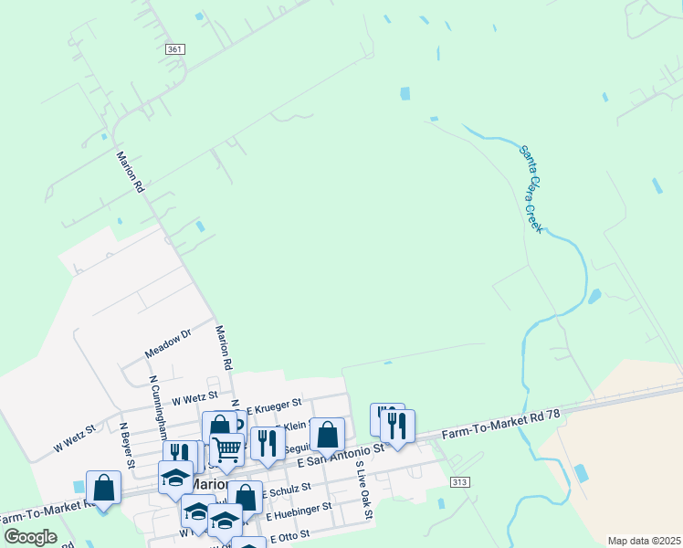 map of restaurants, bars, coffee shops, grocery stores, and more near 270 County Road 361 in Marion