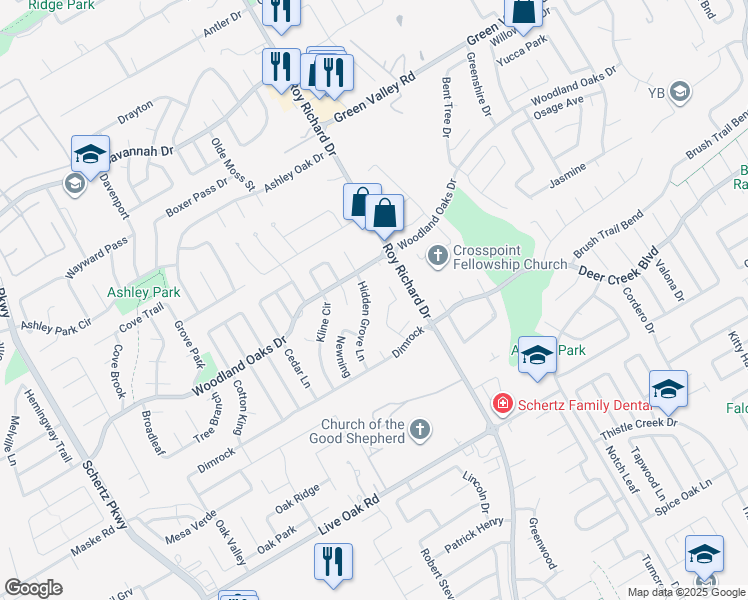 map of restaurants, bars, coffee shops, grocery stores, and more near 2565 Woodland Village Place in Schertz