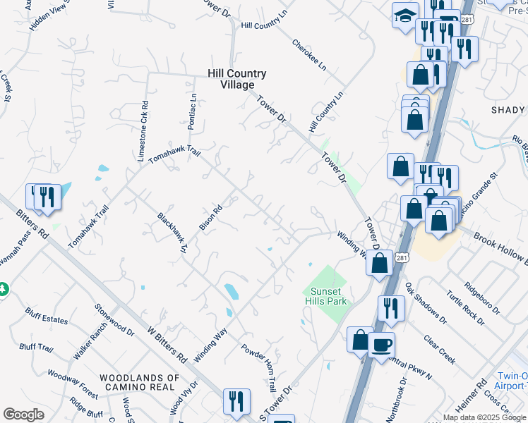 map of restaurants, bars, coffee shops, grocery stores, and more near 144 Tomahawk Trail in Hill Country Village