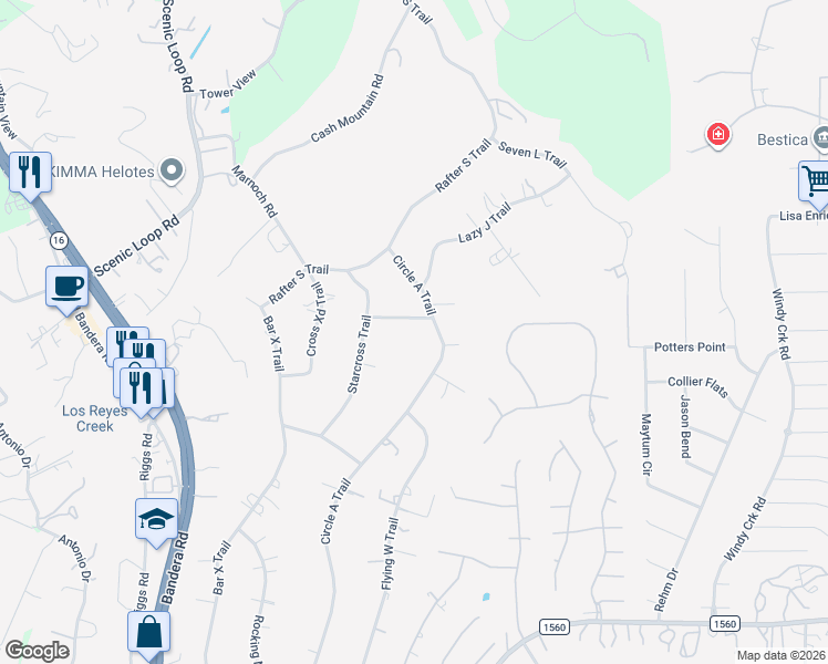 map of restaurants, bars, coffee shops, grocery stores, and more near 10203 Rafter O Trail in Helotes