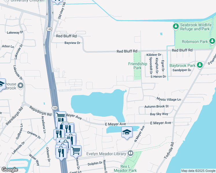 map of restaurants, bars, coffee shops, grocery stores, and more near 1422 Lake Mija Court in Seabrook