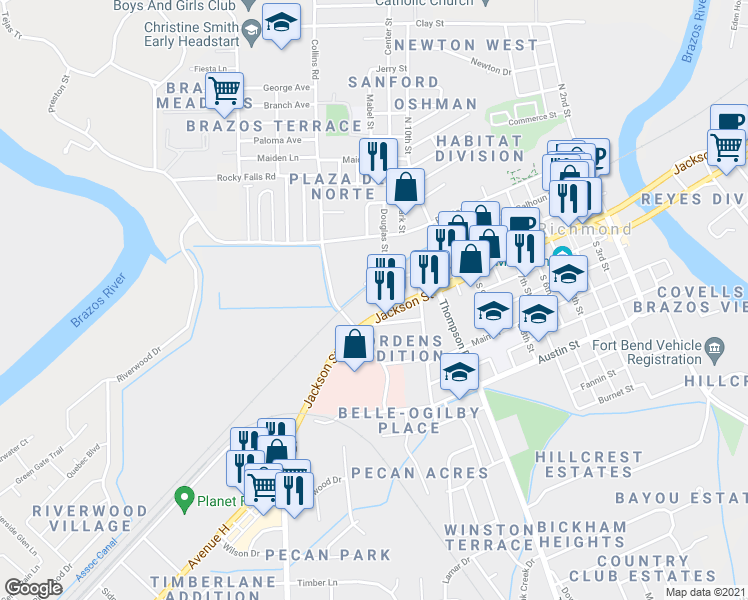 map of restaurants, bars, coffee shops, grocery stores, and more near 1500 Jackson Street in Richmond