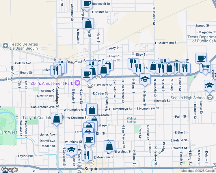 map of restaurants, bars, coffee shops, grocery stores, and more near 402 East Weinert Street in Seguin