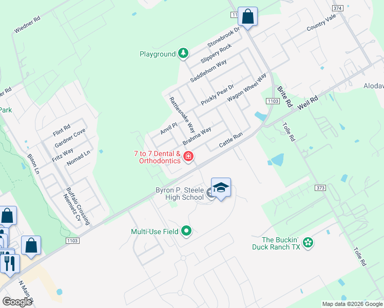 map of restaurants, bars, coffee shops, grocery stores, and more near 204 Longhorn Way in Cibolo