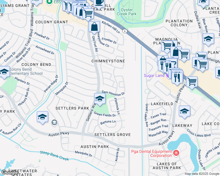 map of restaurants, bars, coffee shops, grocery stores, and more near 3406 Hillstone Drive in Sugar Land