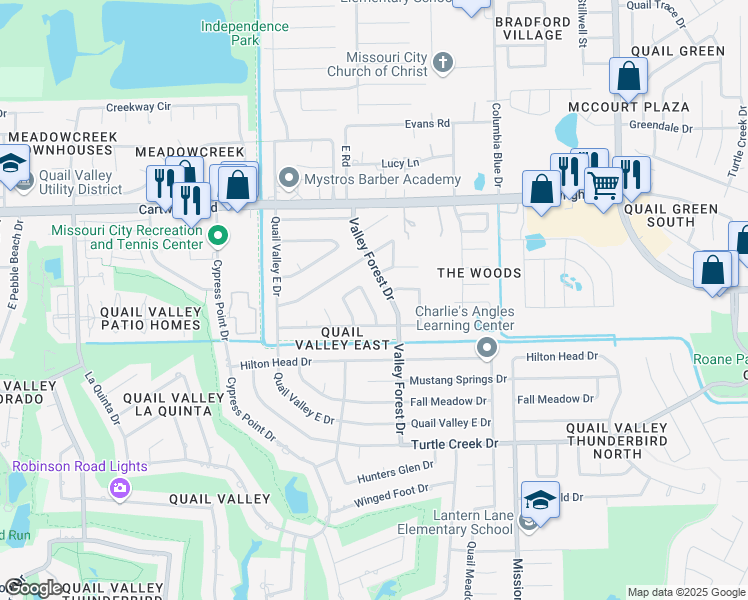 map of restaurants, bars, coffee shops, grocery stores, and more near 2811 East Birchdale Drive in Missouri City