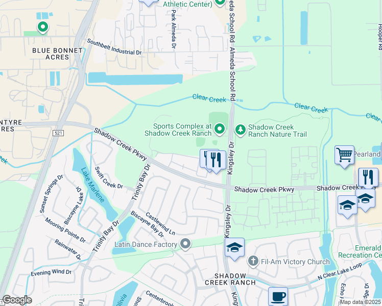 map of restaurants, bars, coffee shops, grocery stores, and more near Shadow Creek Parkway in Pearland