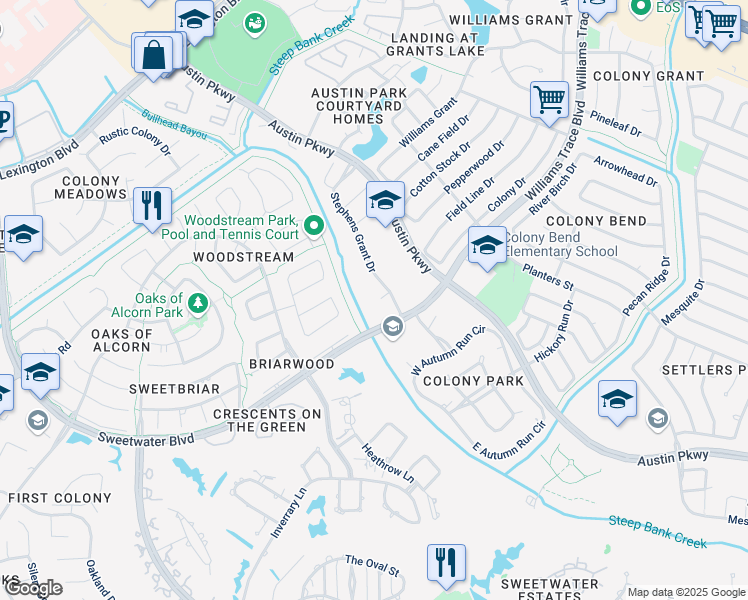 map of restaurants, bars, coffee shops, grocery stores, and more near 3110 Poplar Place in Sugar Land