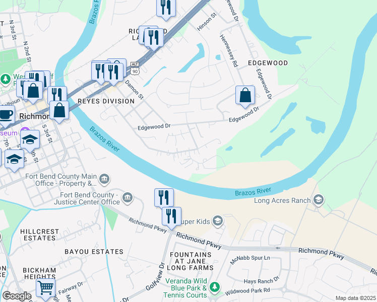 map of restaurants, bars, coffee shops, grocery stores, and more near 715 Riveredge Dr in Richmond