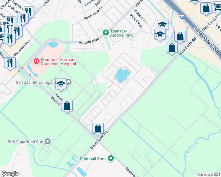map of restaurants, bars, coffee shops, grocery stores, and more near 12119 Redbud Brook Trail in Houston
