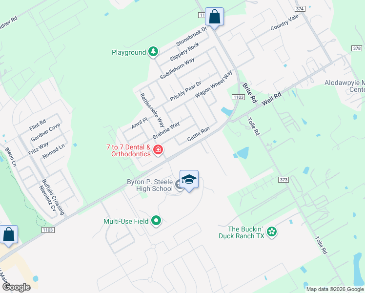 map of restaurants, bars, coffee shops, grocery stores, and more near 300 Cattle Run in Cibolo