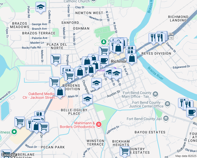 map of restaurants, bars, coffee shops, grocery stores, and more near 710 Houston Street in Richmond