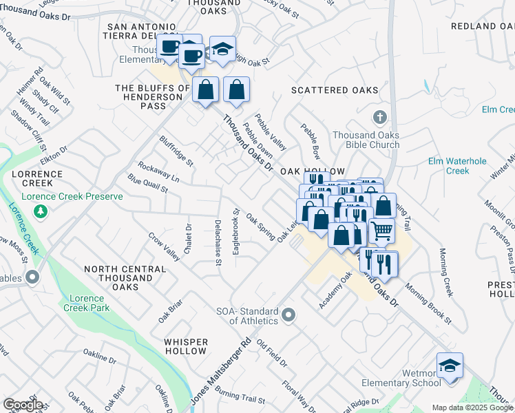 map of restaurants, bars, coffee shops, grocery stores, and more near 2919 Moss Tree Street in San Antonio