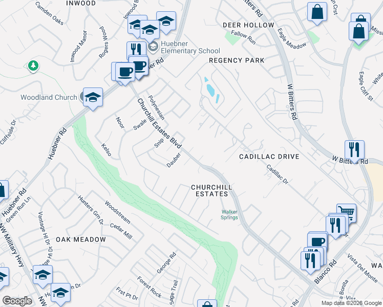 map of restaurants, bars, coffee shops, grocery stores, and more near 14803 Canonero in San Antonio