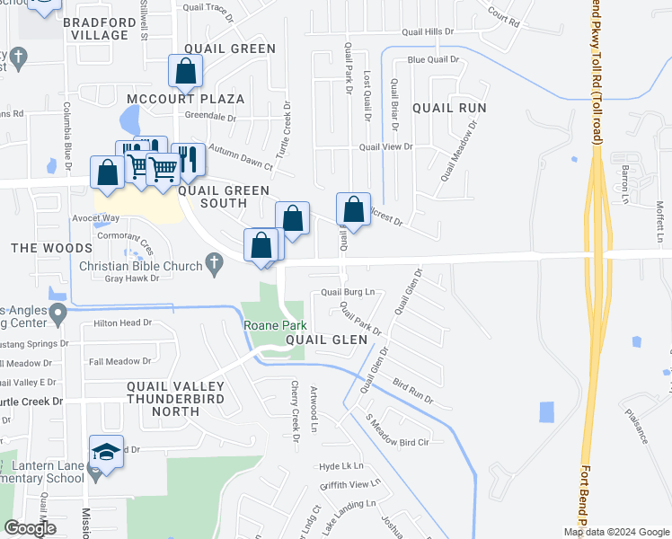 map of restaurants, bars, coffee shops, grocery stores, and more near 8602 Running Bird Lane in Missouri City