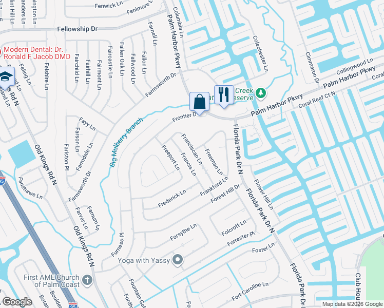 map of restaurants, bars, coffee shops, grocery stores, and more near 19 Francis Lane in Palm Coast