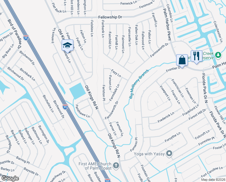 map of restaurants, bars, coffee shops, grocery stores, and more near 21 Farson Lane in Palm Coast