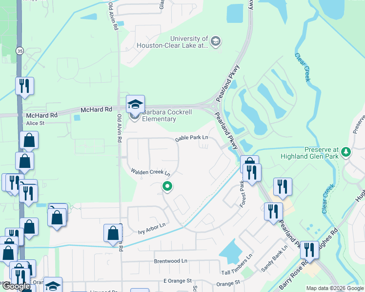 map of restaurants, bars, coffee shops, grocery stores, and more near 1601 Highland Glen Lane in Pearland