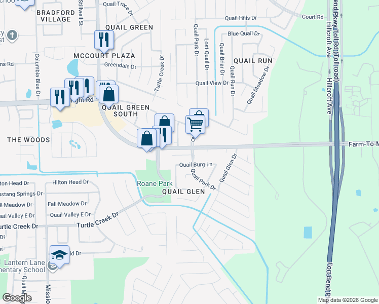 map of restaurants, bars, coffee shops, grocery stores, and more near 8602 Running Bird Lane in Missouri City