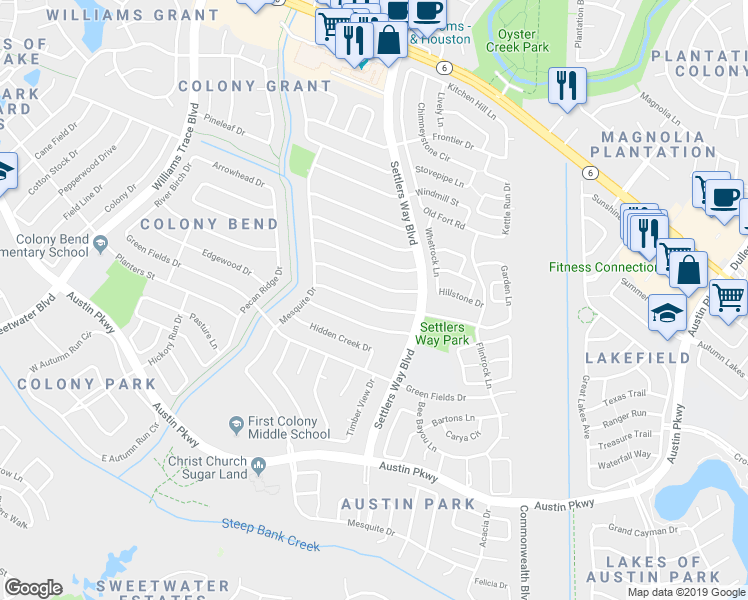 map of restaurants, bars, coffee shops, grocery stores, and more near 3103 Sam Houston Drive in Sugar Land