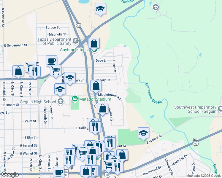 map of restaurants, bars, coffee shops, grocery stores, and more near 214 Coventry Lane in Seguin