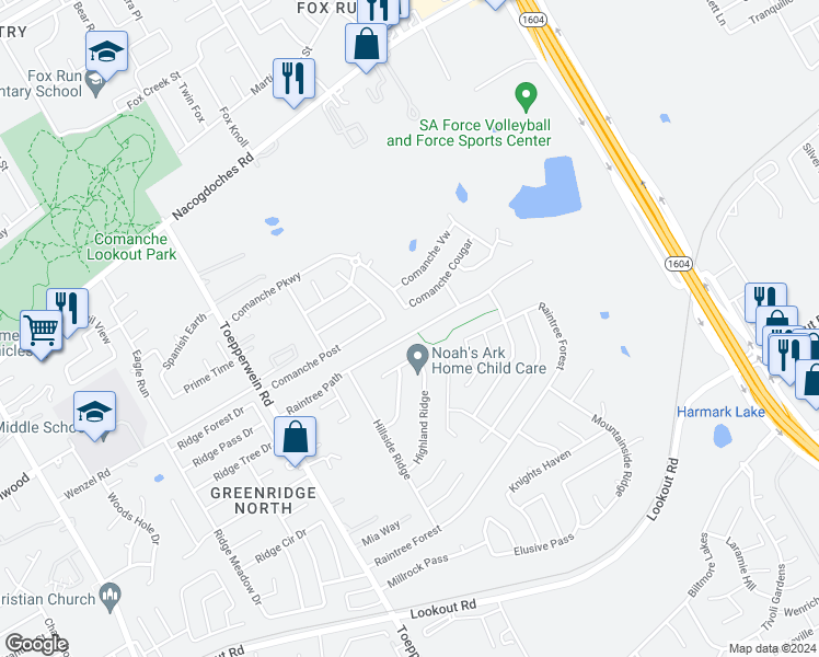 map of restaurants, bars, coffee shops, grocery stores, and more near 6855 Raintree Path in San Antonio