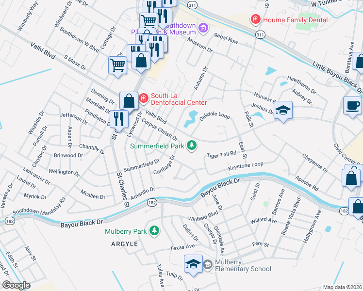 map of restaurants, bars, coffee shops, grocery stores, and more near 601-675 Corpus Christi Dr in Houma