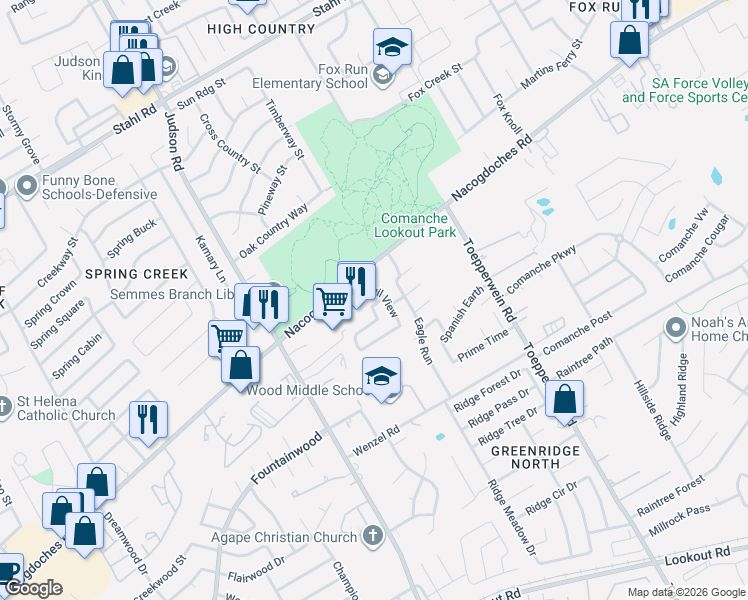 map of restaurants, bars, coffee shops, grocery stores, and more near 6319 Sentry Point in San Antonio