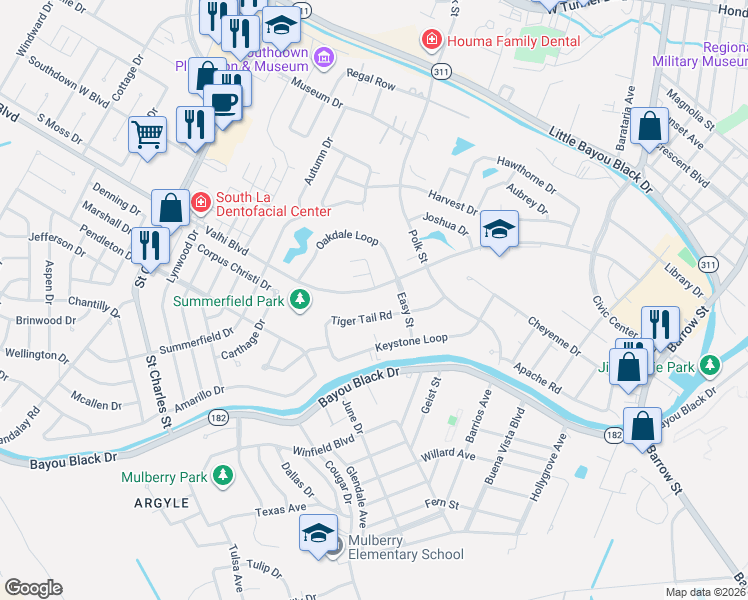 map of restaurants, bars, coffee shops, grocery stores, and more near 407-421 Valhi Blvd in Houma