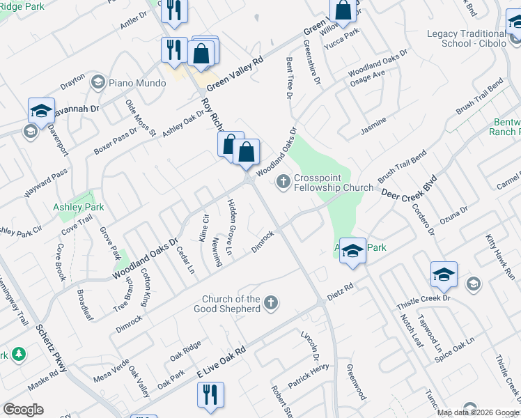 map of restaurants, bars, coffee shops, grocery stores, and more near 2558 Woodland Village Place in Schertz