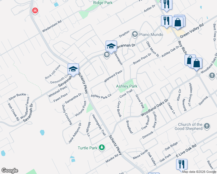 map of restaurants, bars, coffee shops, grocery stores, and more near 3316 Fresno Place in Schertz
