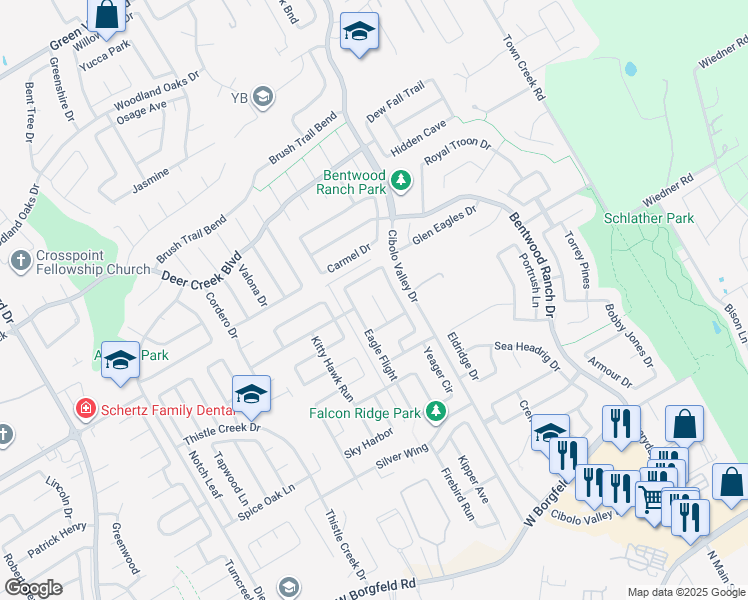 map of restaurants, bars, coffee shops, grocery stores, and more near 325 Moonlight Court in Cibolo