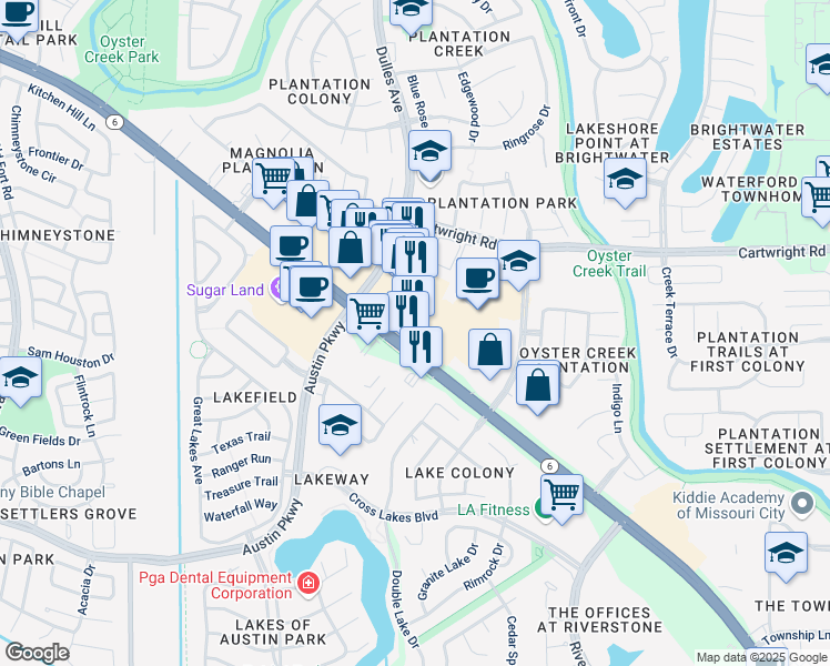 map of restaurants, bars, coffee shops, grocery stores, and more near 4875 Highway 6 in Missouri City