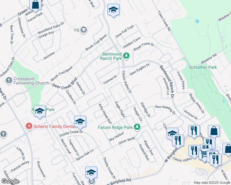 map of restaurants, bars, coffee shops, grocery stores, and more near 325 Moonlight Court in Cibolo