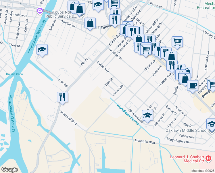 map of restaurants, bars, coffee shops, grocery stores, and more near 1400-1402 Brooke Street in Houma