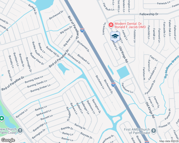 map of restaurants, bars, coffee shops, grocery stores, and more near 134 Birchwood Drive in Palm Coast