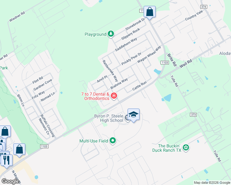 map of restaurants, bars, coffee shops, grocery stores, and more near 204 Longhorn Way in Cibolo