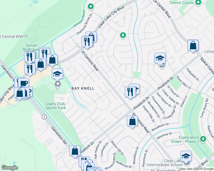 map of restaurants, bars, coffee shops, grocery stores, and more near 14554 Sycamore Lake Road in Houston