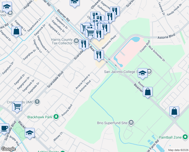 map of restaurants, bars, coffee shops, grocery stores, and more near 12019 Back Bay Ridge Way in Houston
