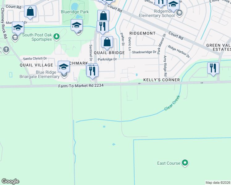 map of restaurants, bars, coffee shops, grocery stores, and more near 5301-5535 Farm-To-Market Road 2234 in Houston